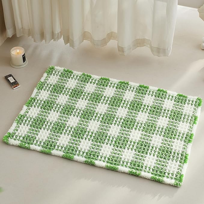Waffle Bath Mat, Boho Bathroom Rugs Non Slip Washable Absorbent Checkered Bathroom Mat Quick Dry Cute Bath Mat, 30"x20" Green and White