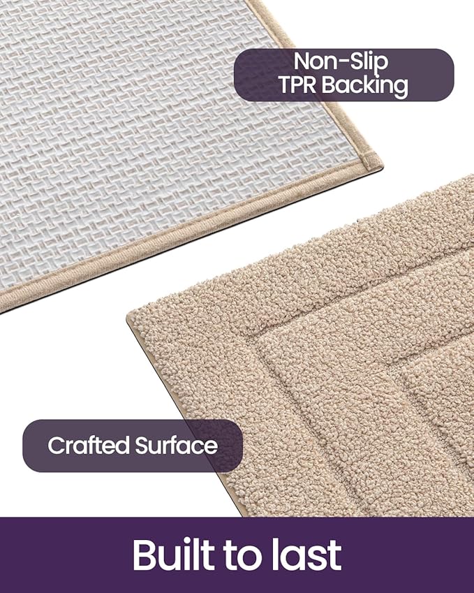 DEXI Bathroom Rug Set 2 Piece 24x16, Non Slip Washable Bath Mat for Shower Floor, Absorbent Soft Bathmat with Rubber Backing, Quick Dry Microfiber Carpet, Beige