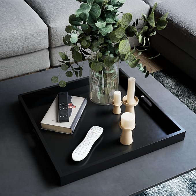 Hanobe Ottoman Tray for Living Room: Modern Extra Large Black Serving Decorative Trays with Cutout Handles for Coffee Table Home Decor, 20"