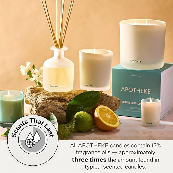 Apotheke 3-Wick Scented Candles for Home, Orange Bloom Neroli - 26 oz Soy Wax Jar Candle Gift for Women - Long-Lasting Fragrance with Perfume-Grade Essential Oils - Sandalwood, Musk, Neroli & Orange