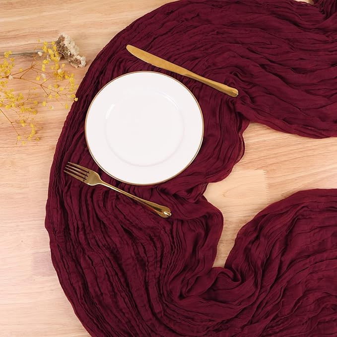 13.3FT Long Cheesecloth Table Runner Boho Table Runner Burgundy Vintage Rustic Gauze Wedding Dining Table Decorations for Holiday Birthday Party Baby Shower Event Decorations