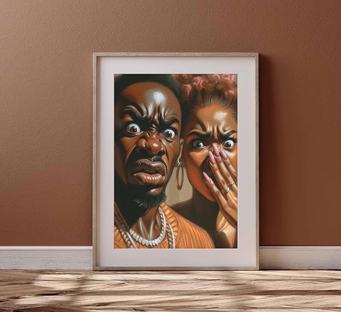 JASMIE Funny African American Bathroom Canvas Wall Art Humor Afrocentric Black Couple Unpleasant Smell Cover Nose Painting Pictures Wall Decor Print Artwork for Washroom Toilet Home Unframed