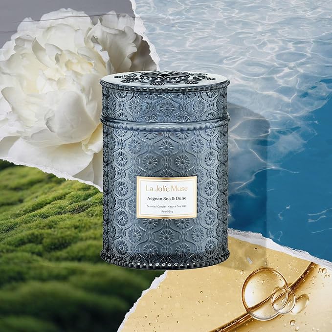 LA JOLIE MUSE Summer Marine Scented Candle, 19 Oz, Ocean Candle Gift, Natural Soy Candles for Home Scented, Long Burning Time, Large Glass Jar Candles