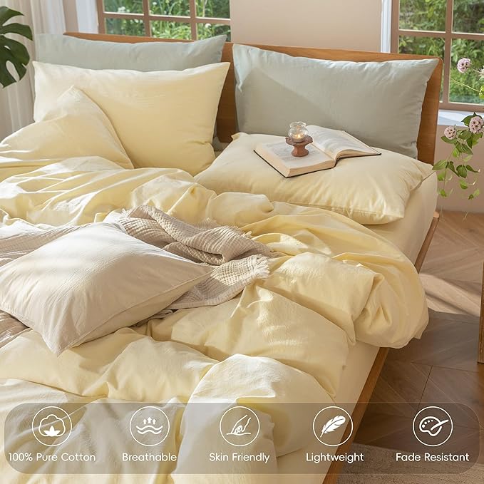 MooMee Bedding Duvet Cover Set 100% Washed Cotton Linen Like Textured Breathable Durable Soft Comfy (Heathered Butter Yellow, Super Queen 90"x98")