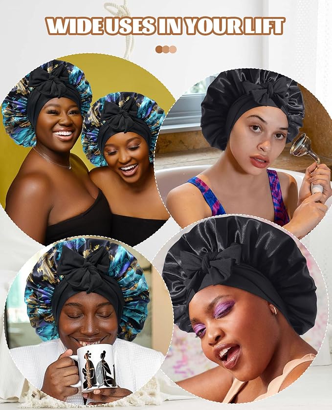 Satin Bonnet Silk Bonnet for Sleeping Silk Sleep Cap Double Layer Hair Bonnet with Elastic Tie Band for Curly Hair Night Cap(Print+Black)