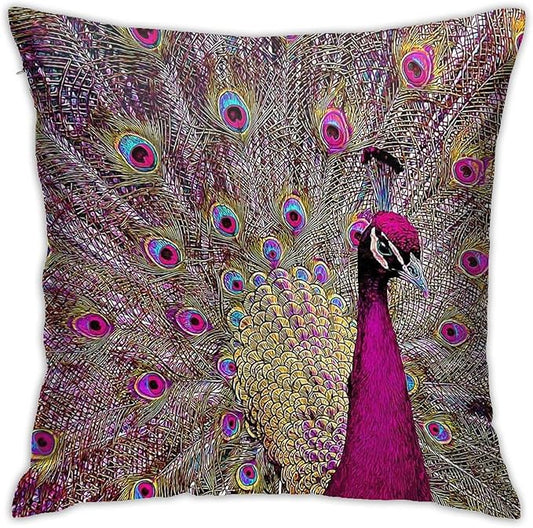 Magenta Peacock Square Pillow Case Throw Pillow Covers Decorative Pillowcase Cushion Cover with Car Couch Sofa Chair Bed Living Room 18x18 Inch