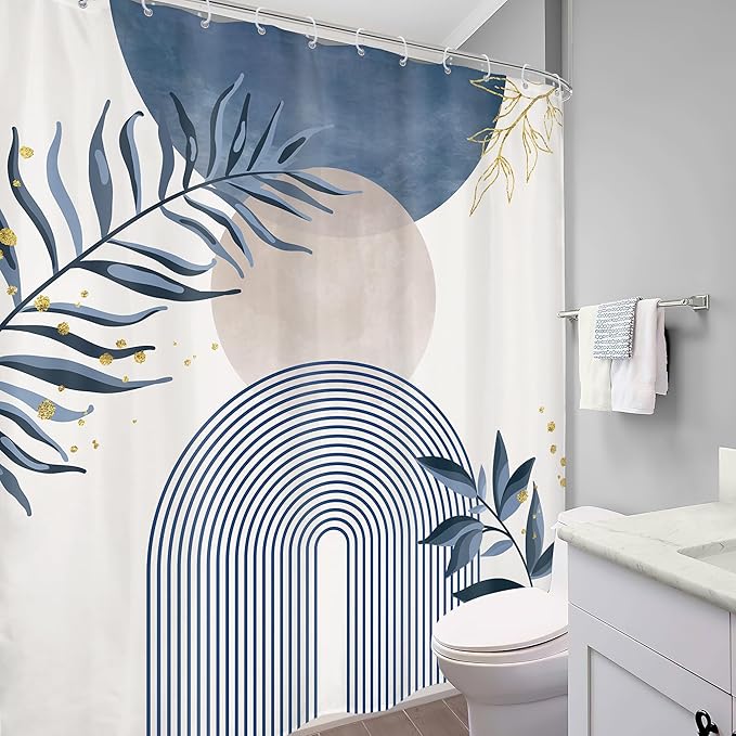 Navy Blue Boho Shower Curtain 72Wx78H Grey Modern Bohemian Abstract Leaves Plant Botanical Mid Century Minimalist Bathroom Decor Geometric Neutral Bath Curtain Fabric Polyester 12 Pack Hooks
