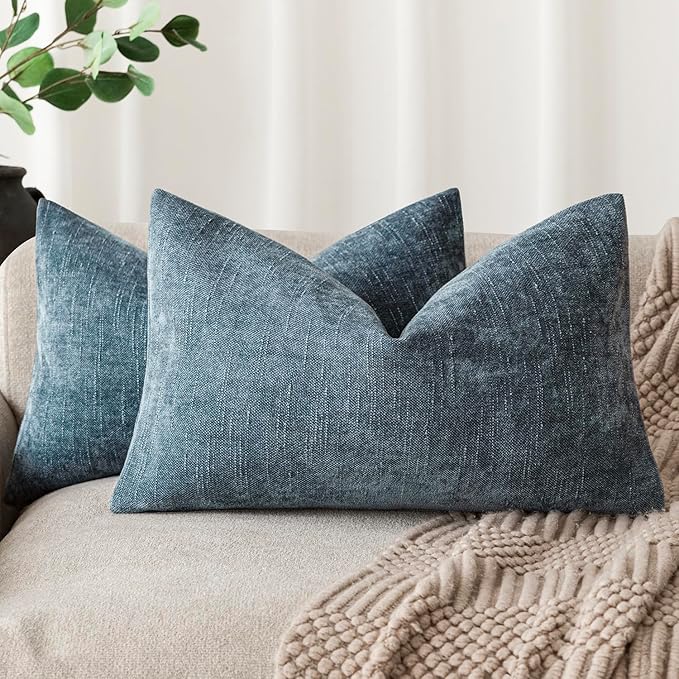 Foindtower Pack of 2 Textured Chenille Throw Decorative Pillow Covers Square Accent Solid Cushion Cover Neutral Farmhouse Lumbar Pillow Case for Couch Sofa Bedroom Living Room 12x24 Inch,Blue