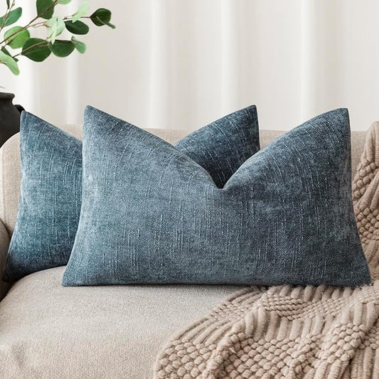 Foindtower Pack of 2 Textured Chenille Throw Decorative Pillow Covers Square Accent Solid Cushion Cover Neutral Farmhouse Lumbar Pillow Case for Couch Sofa Bedroom Living Room 12x24 Inch,Blue