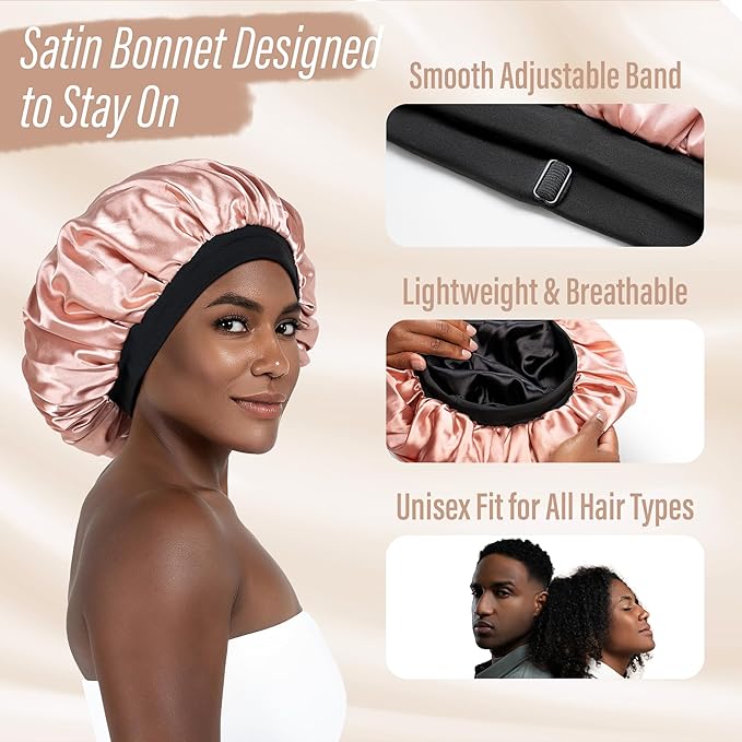 Satin Bonnet Adjustable Sleeping Silk Bonnet Black Women Men Double Layer Satin Silk Sleep Cap Hair Wrap Large Curly Hair