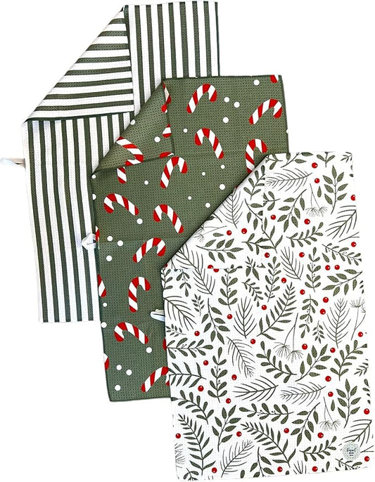 || 3 Pack|| Double Sided || Not Your Ordinary Dish Towels || Waffle Weave Microfiber|| Highly Absorbent || Hanging Loop || Dish Cloths || Modern || Designer Prints (Christmas Holly)
