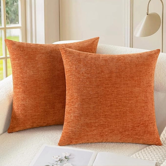 CaliTime Fall Throw Pillow Covers Decorative 20 X 20 Inches Pack of 2 Cozy Chenille Cushion Cases for Couch Sofa Bed Living Room Home Burnt Orange