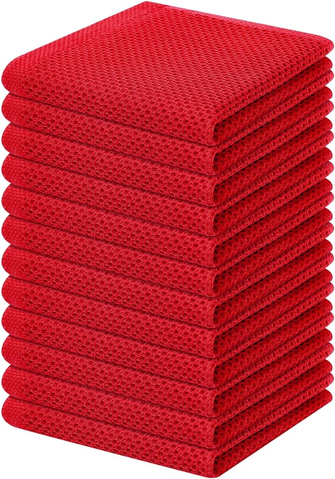 Homaxy 100% Cotton Waffle Weave Kitchen Dish Cloths, Ultra Soft Absorbent Quick Drying Dish Towels, 12 x 12 Inches, 12-Pack, Red