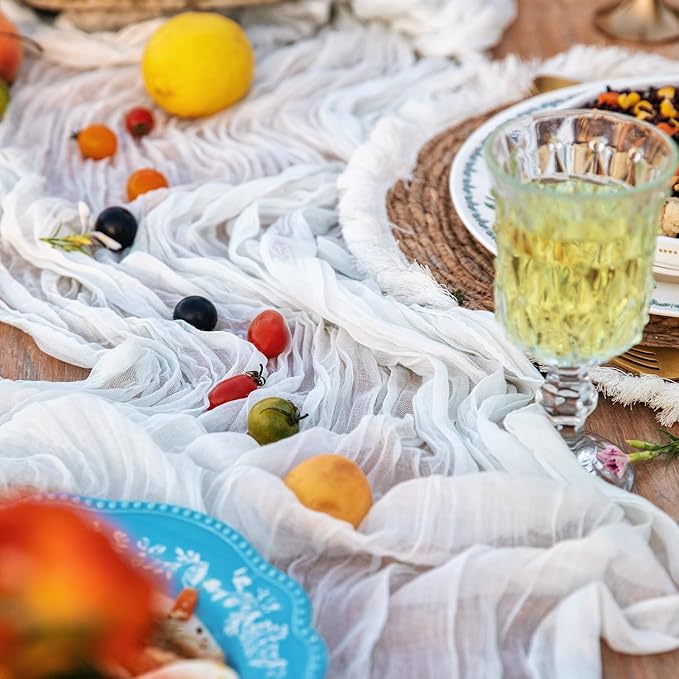 2 Pieces White Cheesecloth Table Runner for Wedding Decorations - 10FT Rustic Sheer Boho Table Decorations