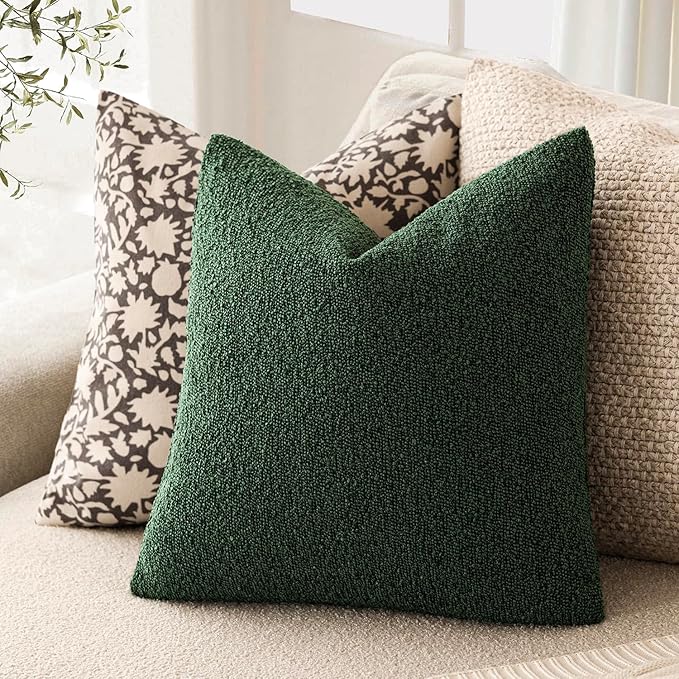 Foindtower Pack of 2 Textured Boucle Throw Pillow Covers Neutral Accent Solid Decorative Pillow Cases Cozy Woven Couch Cushion Case for Sofa Bedroom Living Room Home Decor 20x20 Inch Pine Green