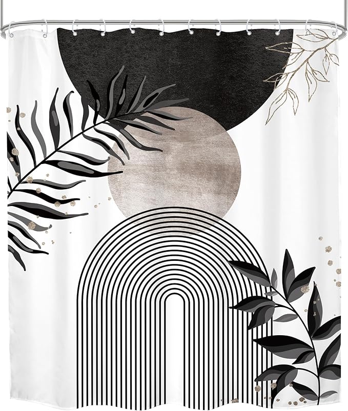 Black Grey Boho Shower Curtain 60Wx72H Bohemian Mid Century Modern Abstract Gray Gold Leaves Plant Minimalist Geometric Bathroom Decor Arch Neutral Bath Curtain Fabric Polyester 12 Pack Hooks