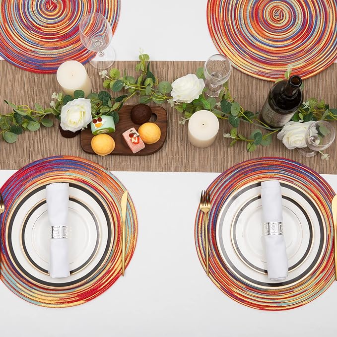 SHACOS Round Braided Placemats Set of 6 Table Mats Colorful Place Mats for Dining Tables Holiday Party Decor (Rainbow Red, 6)