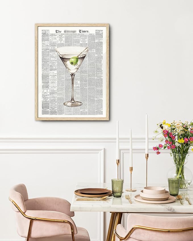 EcoHest Trendy Newspaper Martini Framed Wall Art, 16x20 in Large OAK Wood Retro Bar Cart Canvas Art, Magazine Aesthetic Apartment Art, Beige Logs Funky 70's Set of 1 for Bedroom Living Room