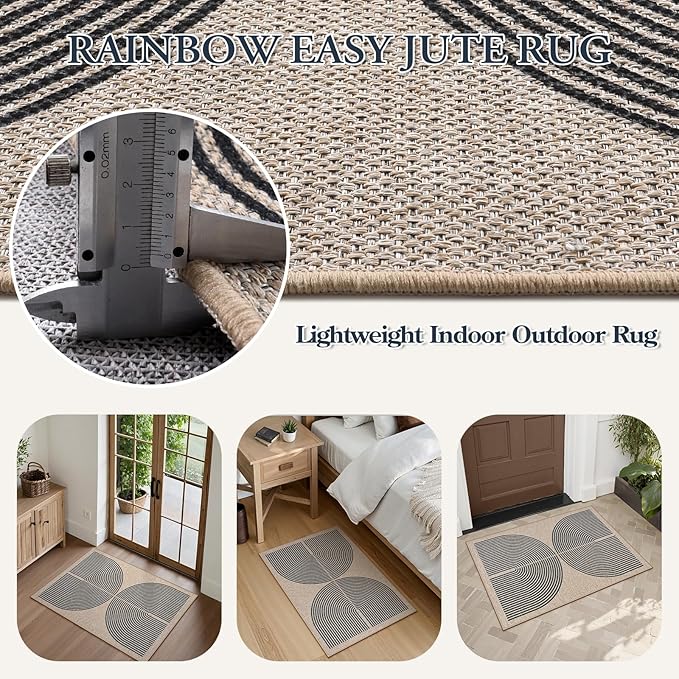 Lahome Rainbow Easy Jute Rug, 2x3 Farmhouse Kitchen Rugs Non Slip Washable Entryway Rug, Neutral Non Slip Non Shedding Low Pile Indoor Outdoor Door Mats for Porch Foyer