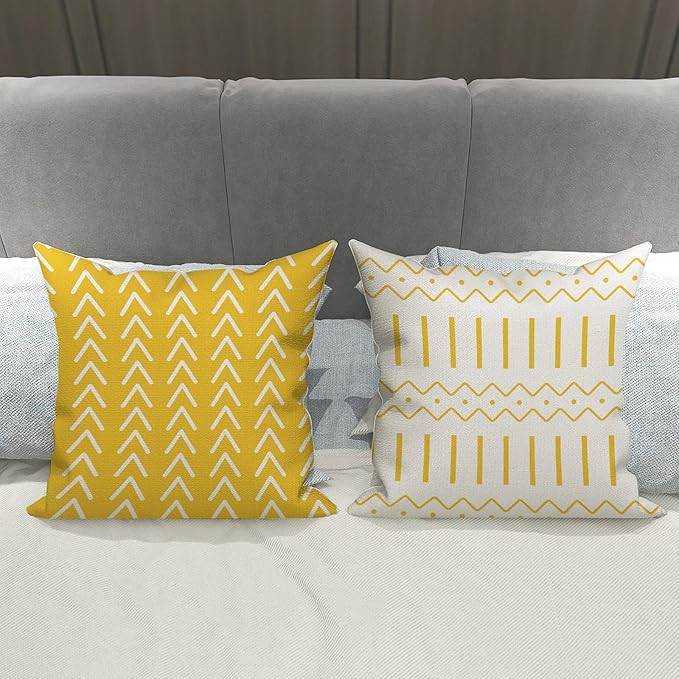 YCOLL Pillow Covers 18x18 Set of 4, Modern Sofa Throw Pillow Cover, Decorative Home Outdoor Linen Fabric Geometric Pillow Case for Couch Bed Car, Yellow