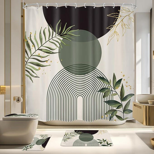 4 PCS Dark Green Boho 72Wx72H Shower Curtain Set Modern Mid Century Leaves Plant Bath Rug Toilet Lid Cover Nonslip U Shape Mat Quick Dry Rubber Backed Dirt Resistant Accessories Bathroom Decor