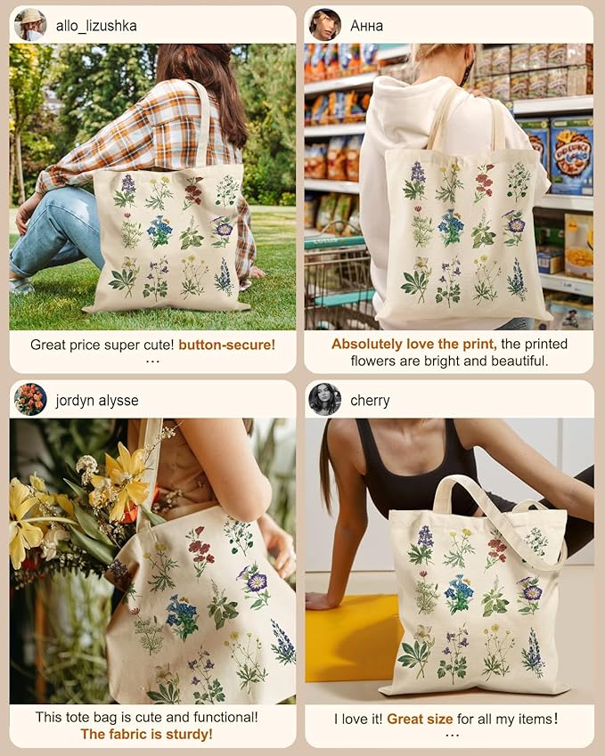 Canvas Tote Bag for Women - Aesthetic Canvas Totes with Pockets Cute Reusable Cloths Ladies Shoulder Bag