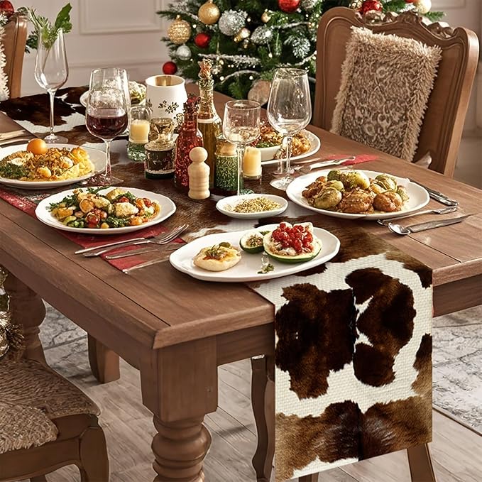 Cow Print Table Runner Seasonal Spring Fall Kitchen Dining Linen Table Decoration for Indoor Outdoor Home Party Dinner 13x72 Inch