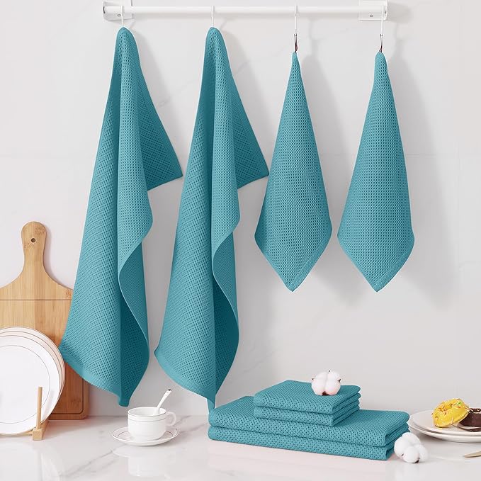 Homaxy 100% Cotton Kitchen Towels and Dishcloths Set, 12 x 12 Inches and 13 x 28 Inches, Set of 10 Bulk Kitchen Towels Set, Ultra Soft Absorbent Dish Cloths for Washing Dishes, Lake Blue