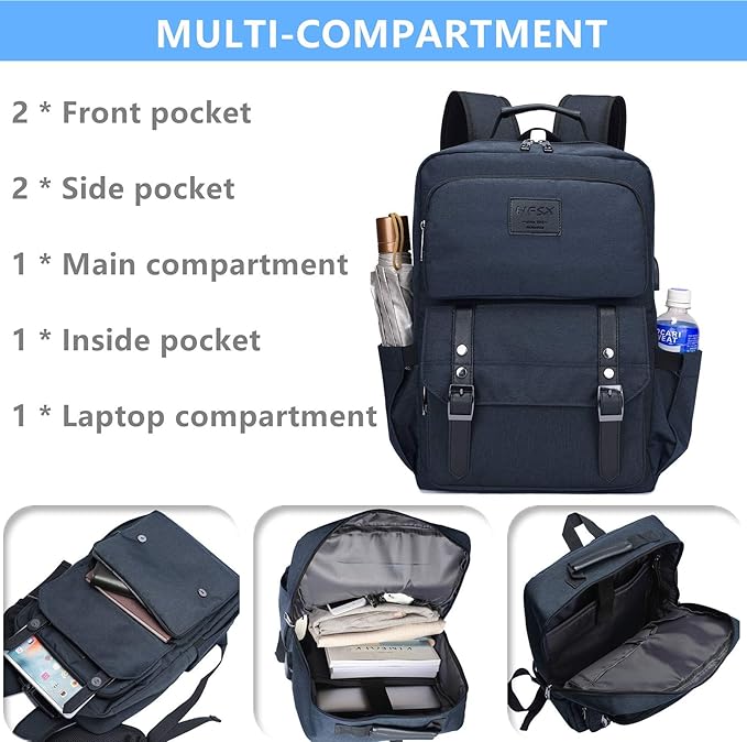 HFSX Laptop Backpack Women Men College Backpacks Bookbag Vintage Backpack Book Bag Water Resistant fit 15.6 Inch Laptop Blue