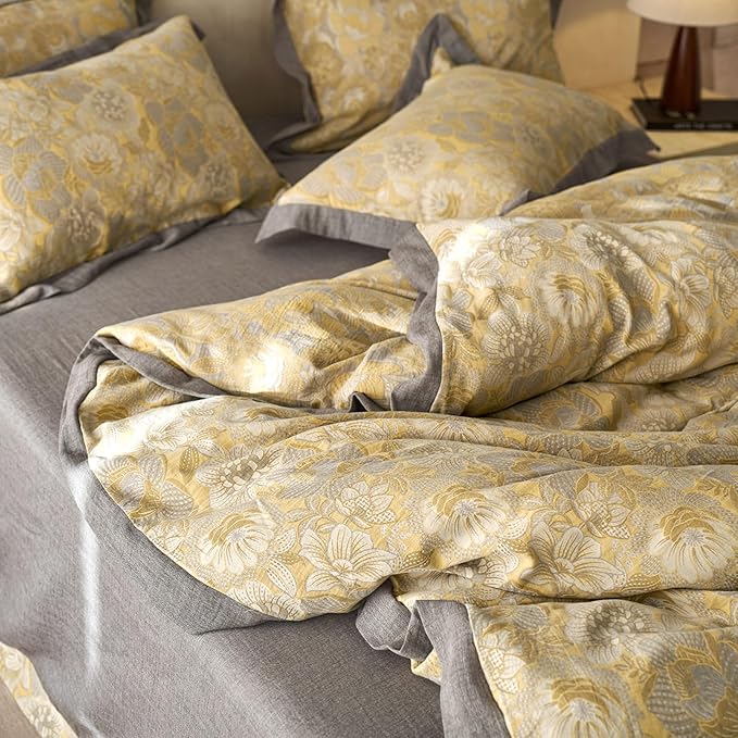 mixinni Duvet Cover King, Premium Cotton Double-Layer Yarn Golden Floral Jacquard Reversible Grey Comforter Cover with Edge Design, Farmhouse Bedding Set with 2 Pillowcases Perfect for Him and Her