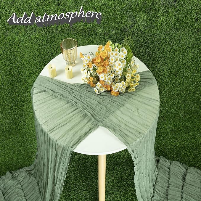 Sage Green Cheesecloth Table Runner 13.3FT Long Boho Table Runner Spring Easter Gauze Wedding Dining Table Decorations for Holiday Birthday Party Baby Shower Event Decorations