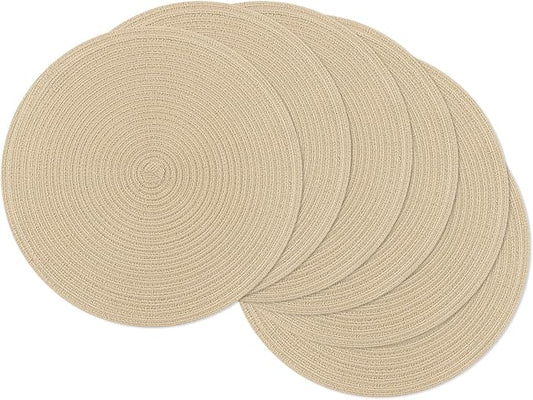 SHACOS 15 inch Round Braided Placemats Set of 6 Non Slip Heat Resistant Round Table Mats Fabric Place Mats for Dinner Party Table Decoration (Light Beige, 6)
