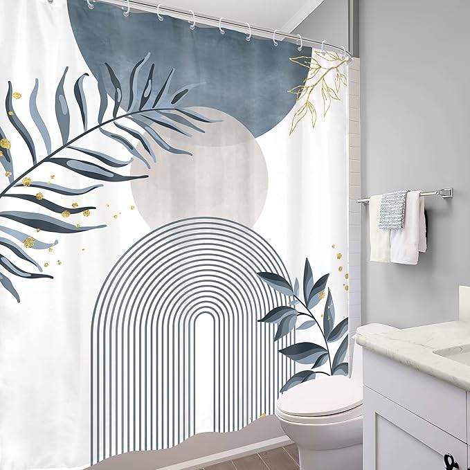 Blue Gray Boho Shower Curtain 60Wx72H Abstract Grey Bohemian Modern Leaves Mid Century Minimalist Plant Bathroom Decor Contemporary Simple Neutral Bath Curtain Fabric Polyester 12 Pack Hooks