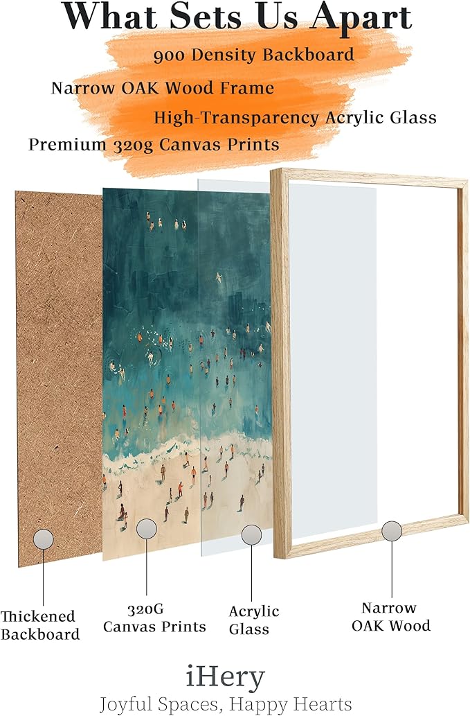 iHery Natural OAK Wood Framed Wall Art, 12x16 in Fashion Summer Tiny People Swimming In Ocean Canvas Wall Decor, Beige Minimalist Beach Bedroom Decor, Set of 1 For Bathroom Living Room