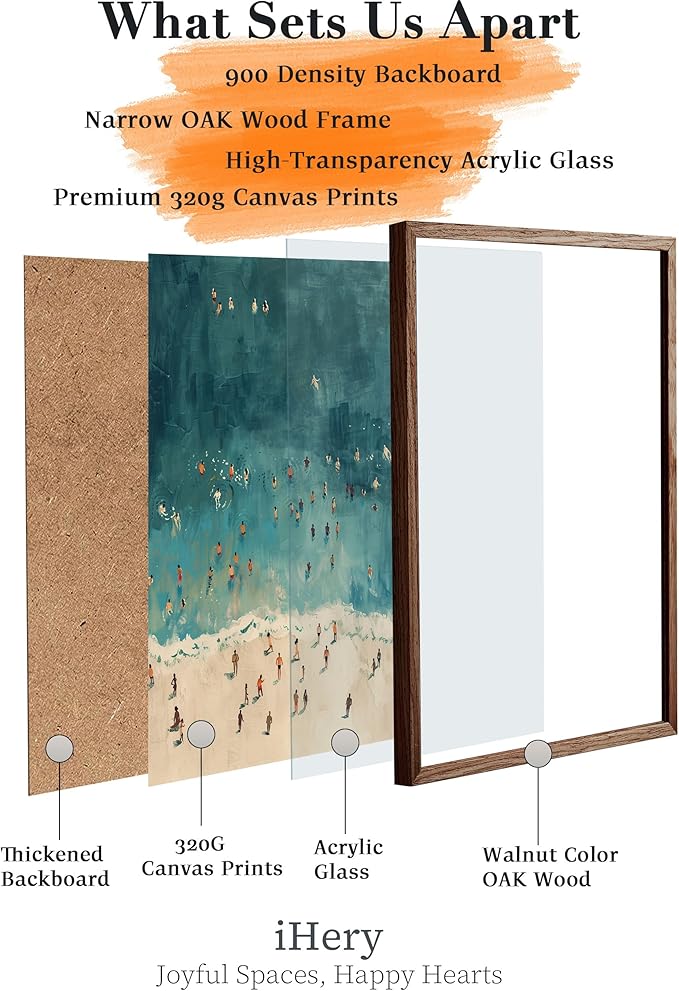 iHery Natural OAK Wood Walnut Color Framed Wall Art, 12x16 in Fashion Summer Tiny People Swimming In Ocean Canvas Wall Decor, Minimalist Beach Air For Bedroom Bathroom Living Room 1Pack