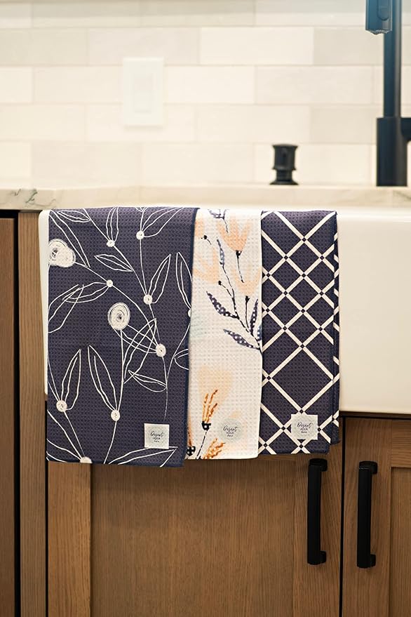|| Navy Blue and White 3 Pack|| Microfiber Waffle Weave || Dish Towels || || Tea Towels || Highly Absorbent || Hanging Loop || Dish Cloths ||Designer Prints (Navy)
