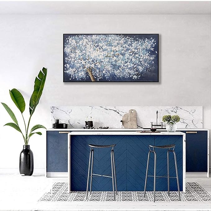 Modern Wall Art Nature Art Canvas Artwork Wall Decor Painting Dark Blue And White Abstract Tree Plants With Framed For Bedroom Living Room Dining Room Home Office Modern Abstract Artwork 24"×48"