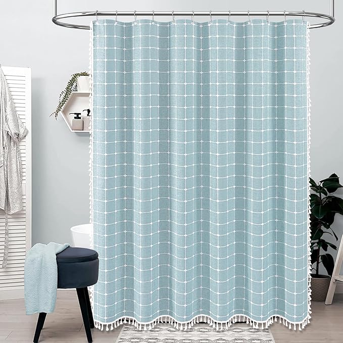 BTTN Boho Farmhouse Shower Curtain - Linen Rustic Heavy Duty Fabric Shower Curtain Set with Tassel, Water Repellent, Bohemian Vintage Country Thick Cloth Shower Curtains for Bathroom, Fog Blue, 72x72