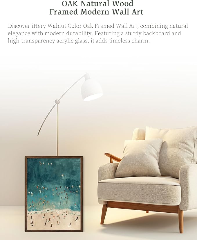 iHery Natural OAK Wood Walnut Color Framed Wall Art, 12x16 in Fashion Summer Tiny People Swimming In Ocean Canvas Wall Decor, Minimalist Beach Air For Bedroom Bathroom Living Room 1Pack