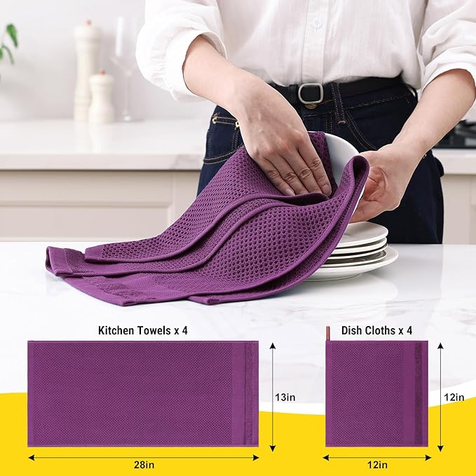 Homaxy Kitchen Towels and Dishcloths Set, 12 x 12 and 13 x 28 Inches, Set of 8 100% Cotton Waffle Weave Kitchen Towels, Super Soft and Absorbent Dish Cloths, Purple