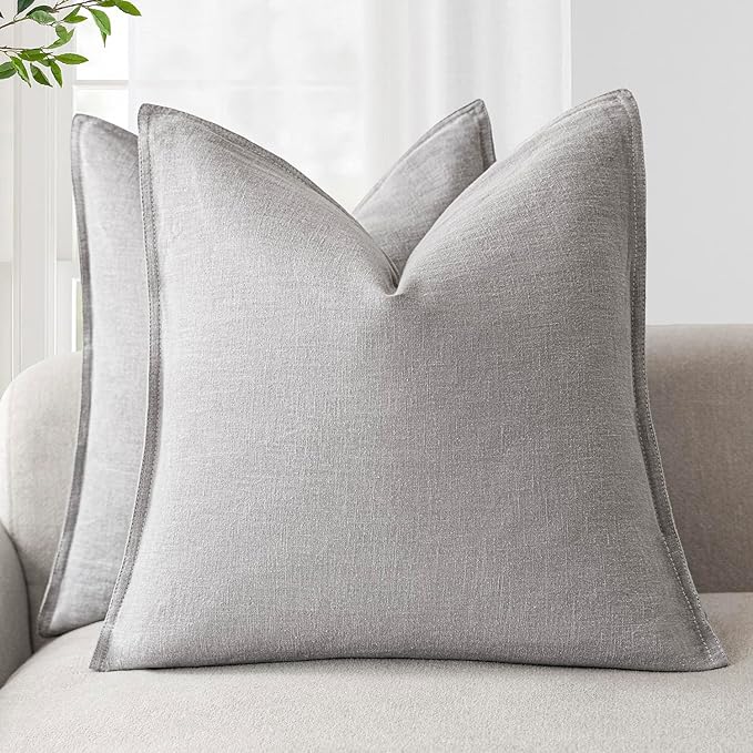 Foindtower Pack of 2, Decorative Linen Soild Throw Pillow Covers Soft Accent Cushion Case Boho Farmhouse Pillowcase for Chair Couch Sofa Bedroom Living Room Home Decor 16 x 16 Inch Light Rustic Gray