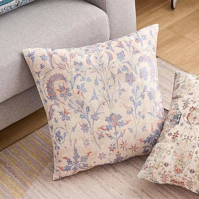 Boho Floral Throw Pillow Covers 18x18 inch Set of 2,Cream Boho Rug Geometric Floral Pattern Decor Double Sided Pattern Cushion Cover Soft Pillow Case Living Sofa Room Bed Square Pillow Cover