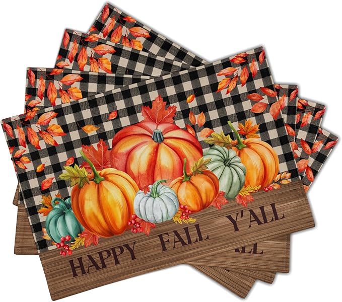 Giwawa Happy Fall Y'all Placemats Set of 4 Colorful Autumn Thanksgiving Pumpkins Leaves Decorative Linen Table Mat 12x18in Black Buffalo Plaids Non Slip Place Mat for Kitchen Dining Party Holiday