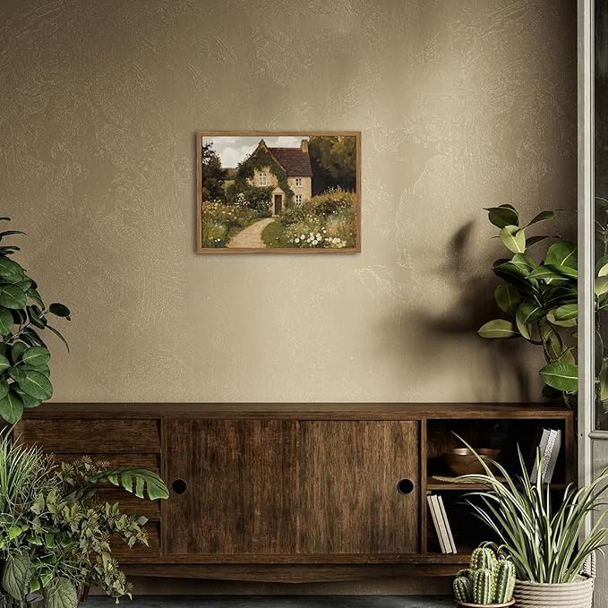 Vintage Farmhouse Wall Art, Retro Landscape Wall Decor Paintings, 3D Textured Hand Drawn Sandstone Nature Botanical Farm House Artwork for Bedroom Living Room 16x24 inch Wood Framed