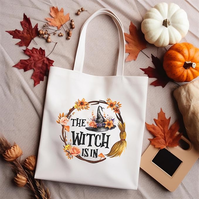Halloween Tote Bag Retro Halloween Canvas Bag Witch Hat Cotton Canvas Tote Bag for Women Gift Holiday Reusable Grocery Bag Shoulder Bag