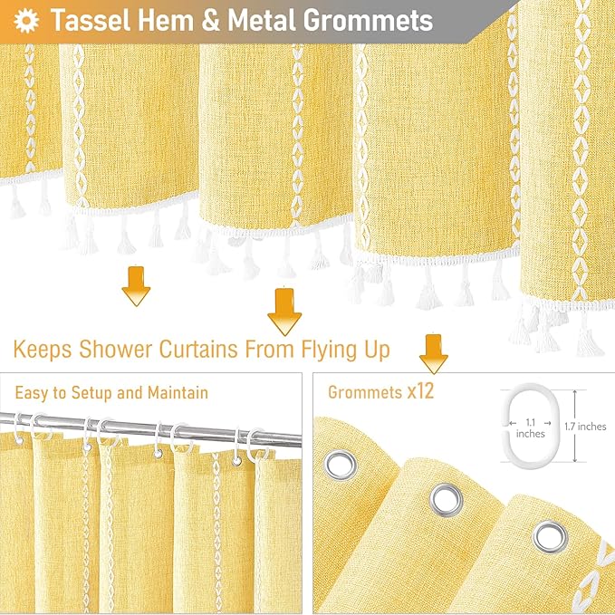 BTTN Extra Long Shower Curtain - 72x84 Long Boho Chic Striped Tassel Linen Fabric Shower Curtain Set with Hook, Tall Modern Farmhouse Cute Rustic Heavy Duty Cloth Shower Curtains for Bathroom - Yellow