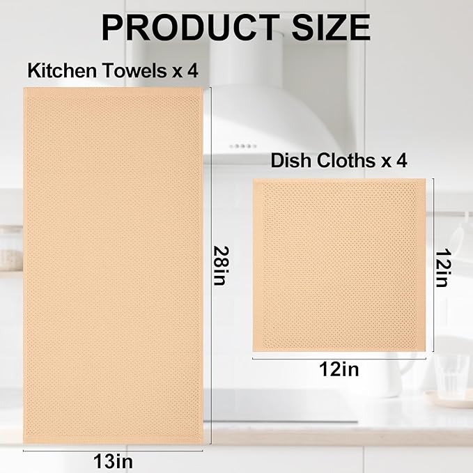 Homaxy 100% Cotton Kitchen Towels and Dishcloths Set, 12 x 12 Inches and 13 x 28 Inches, Set of 8 Bulk Kitchen Towels Set, Ultra Soft Absorbent Dish Cloths for Washing Dishes, Apricot