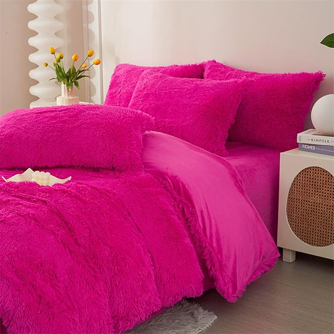 MorroMorn 5 PCS Plush Shaggy Duvet Cover Sets, Luxury Shag Fluffy Comforter Cover Fuzzy Bedding Set - Long Faux Fur Ultra Soft Cozy (Hot Pink, Full/Queen)