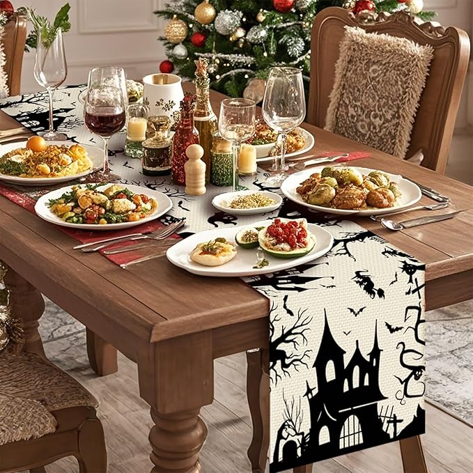 Halloween Burlap Table Runner Seasonal Spring Fall Kitchen Dining Linen Table Decoration for Indoor Outdoor Home Party Dinner 13x72 Inch