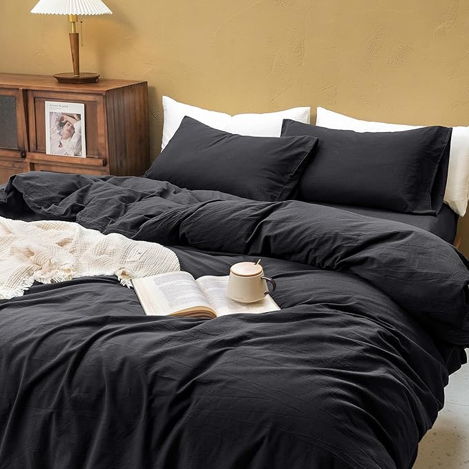 FOSSA Duvet Cover Set 100% Washed Cotton Linen Feel Super Soft Breathable Cozy 3 Pieces Bedding Sets Solid Black Super King Plus